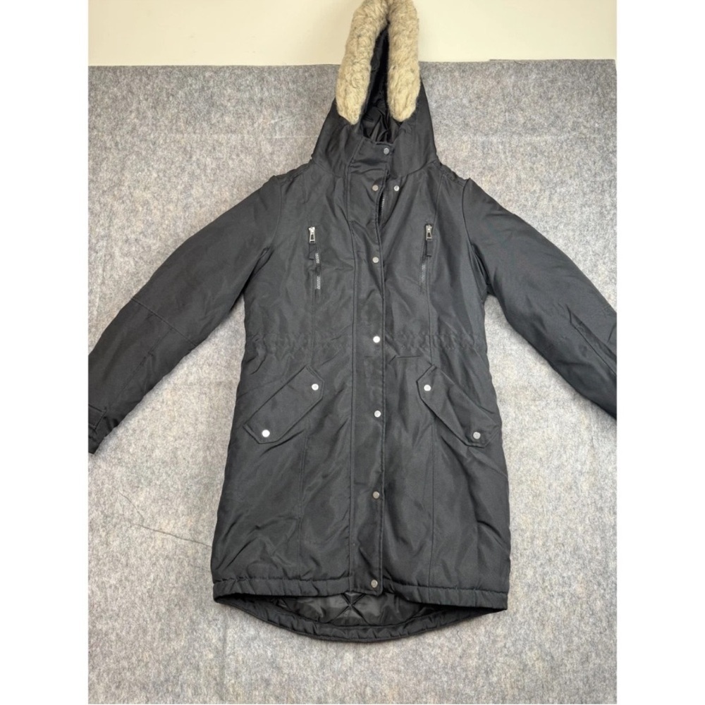 Vero Moda Parka Jacket Women's Small Black Quilted Lined Faux Fur Hooded Outdoor